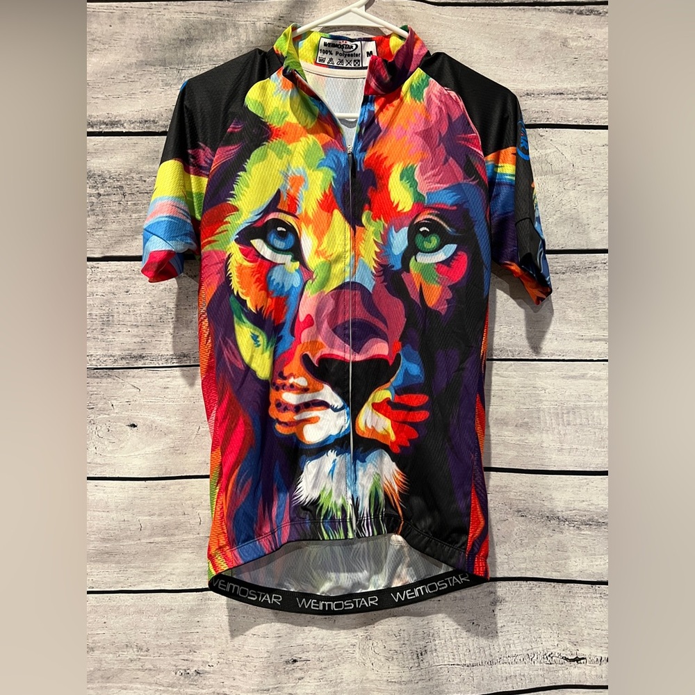 Weimostar Colorful Lion Cycling Jersey With Back Pockets Tee Short Sleeve Size M